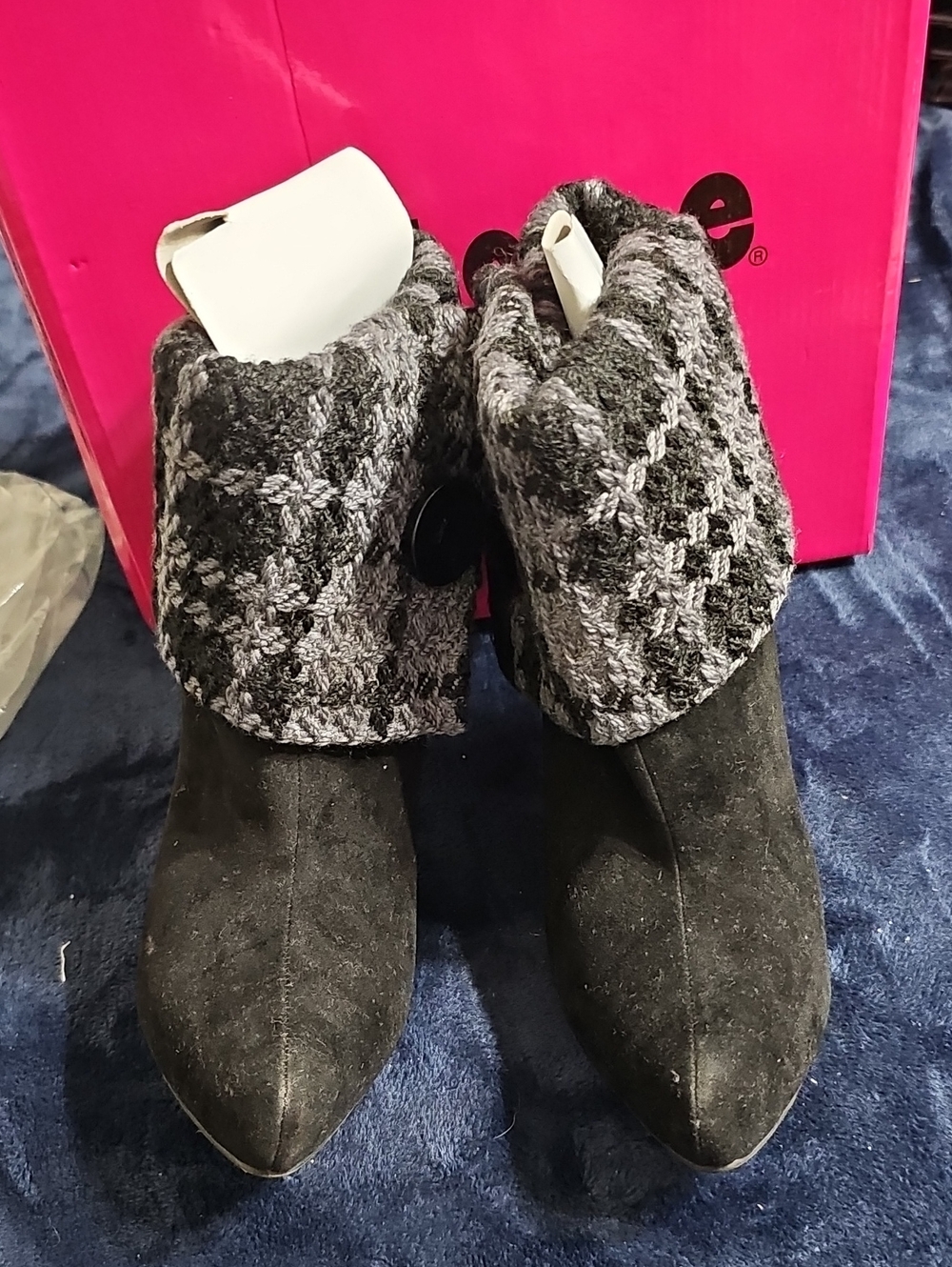 Dollhouse Black Suede Ankle Boots with Gray Knit Fold-Over Cuff